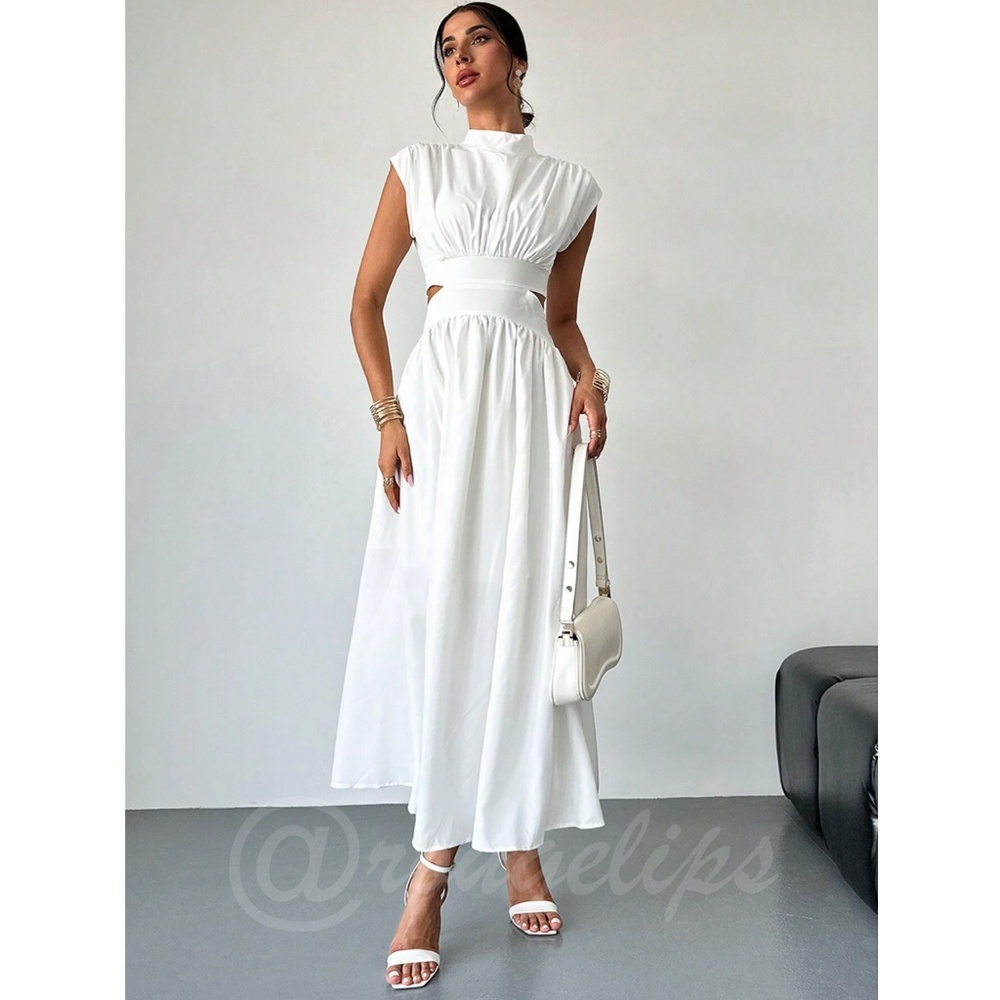 White Long Dress High Neck Cut Out Back Flared Skirt Sleeveless - Picture 3 of 11